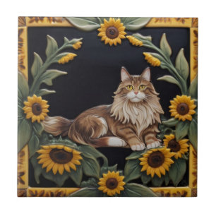 Sunflower Cats - MaineCoon Cat & Yellow Sunflowers Ceramic Tile