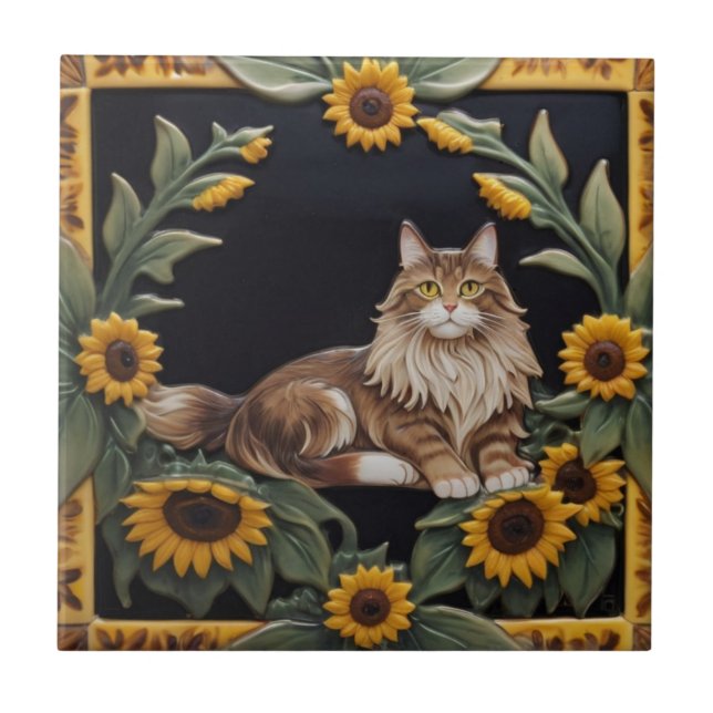 Sunflower Cats - MaineCoon Cat & Yellow Sunflowers Ceramic Tile (Front)
