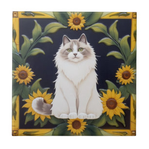 Sunflower Cats - Ragdoll Cat & Yellow Sunflowers Ceramic Tile