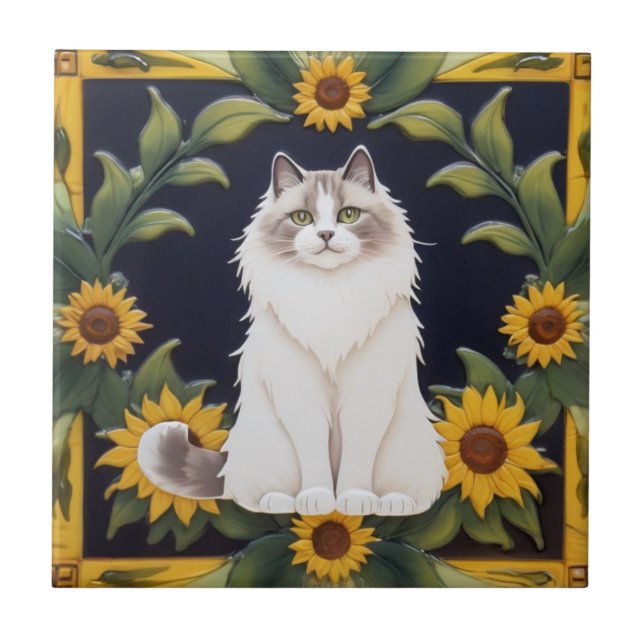 Sunflower Cats - Ragdoll Cat & Yellow Sunflowers Ceramic Tile (Front)