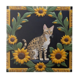 Sunflower Cats - Savannah Cat & Yellow Sunflowers Ceramic Tile