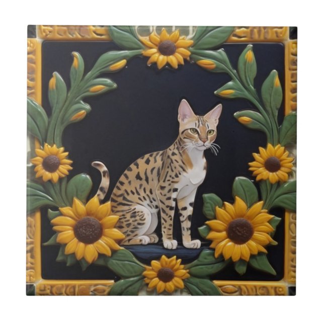 Sunflower Cats - Savannah Cat & Yellow Sunflowers Ceramic Tile (Front)
