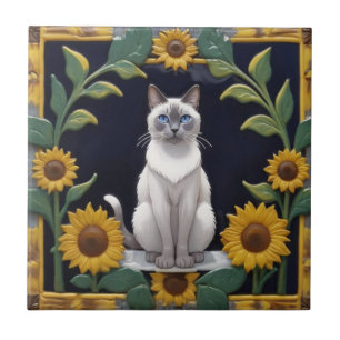 Sunflower Cats - Siamese Cat & Yellow Sunflowers Ceramic Tile