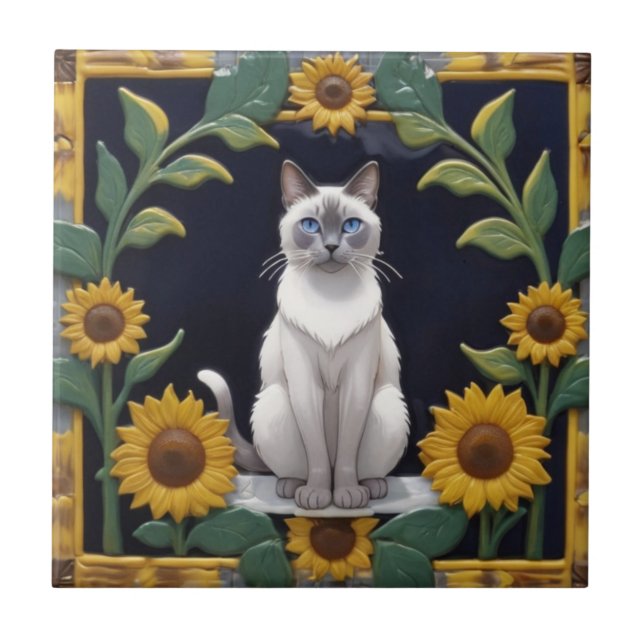 Sunflower Cats - Siamese Cat & Yellow Sunflowers Ceramic Tile (Front)