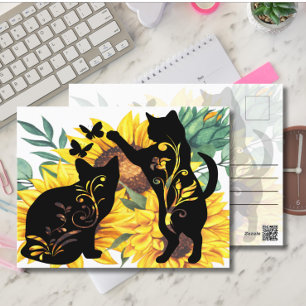 Sunflower Cats – Watercolor Floral Art Postcard