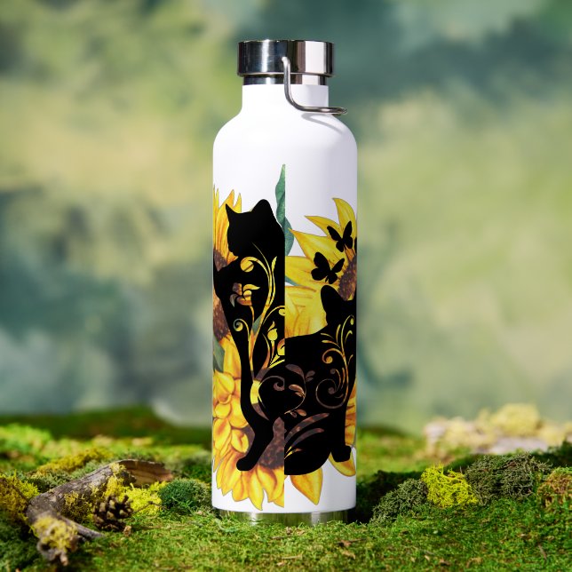 Sunflower Cats – Watercolor Floral Art Water Bottle (Outdoor)