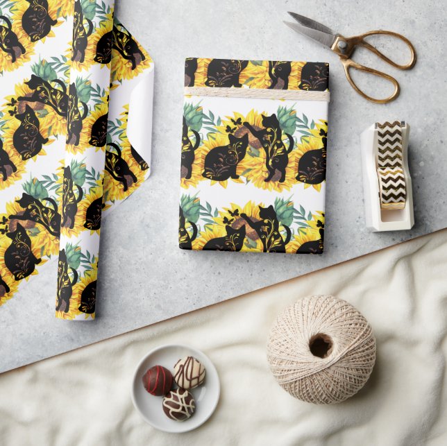Sunflower Cats – Watercolor Floral Art Wrapping Paper (Crafts)