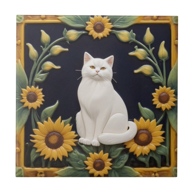 Sunflower Cats - White Cat & Yellow Sunflowers Ceramic Tile (Front)