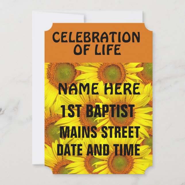 SUNFLOWER CELEBRATION OF LIFE INVITATIONS, CUSTOM  INVITATION (Front)