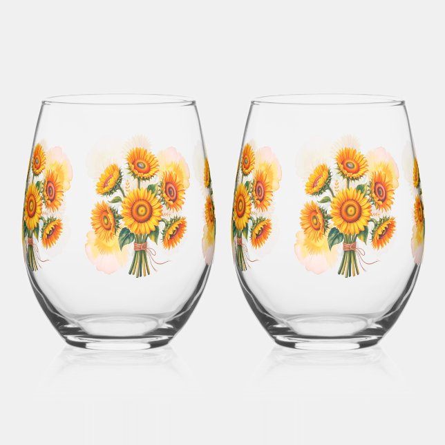 Sunflower Celebration Wedding Stemless Wine Glass (Front)