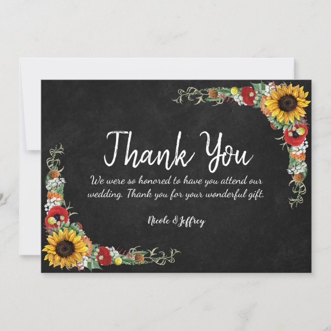 Sunflower Chalkboard Country Wedding Thank You (Front)