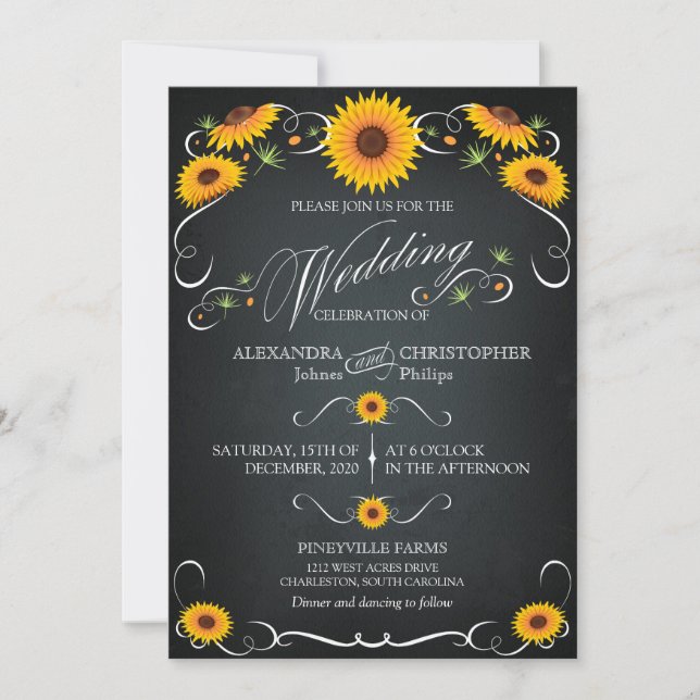 Sunflower Chalkboard Floral Vintage Bold Wedding Invitation (Front)