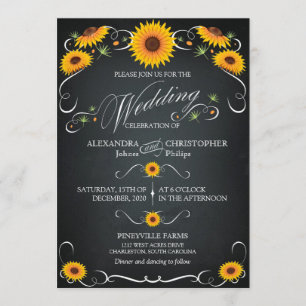 Sunflower Chalkboard Floral Vintage Bold Wedding Invitation