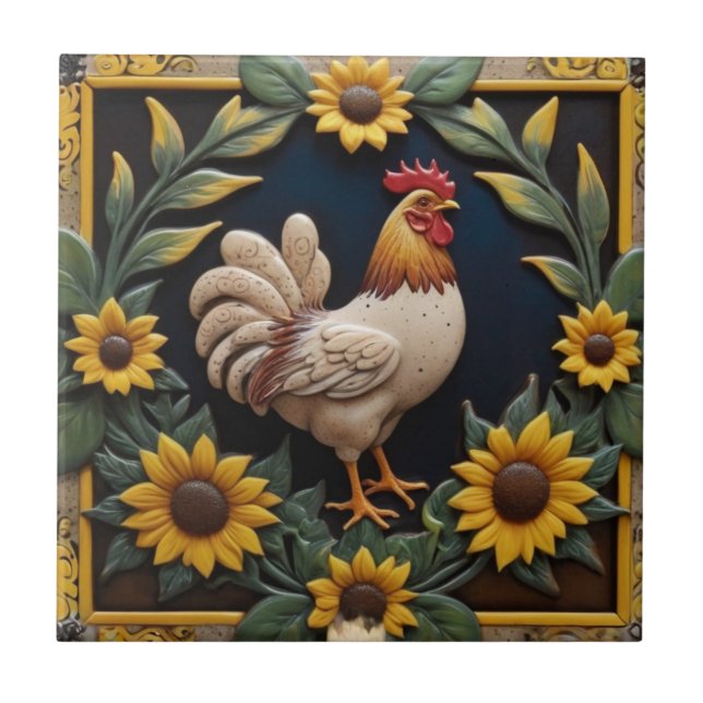 Sunflower Chicken - Brown Hen & Yellow Sunflowers Ceramic Tile (Front)