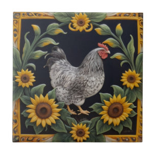 Sunflower Chicken - Grey Hen & Sunflowers Ceramic Tile