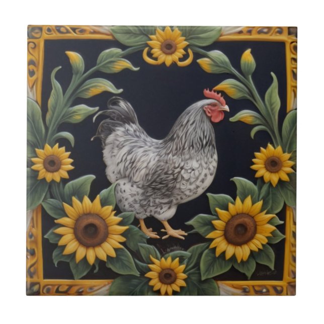 Sunflower Chicken - Grey Hen & Sunflowers Ceramic Tile (Front)