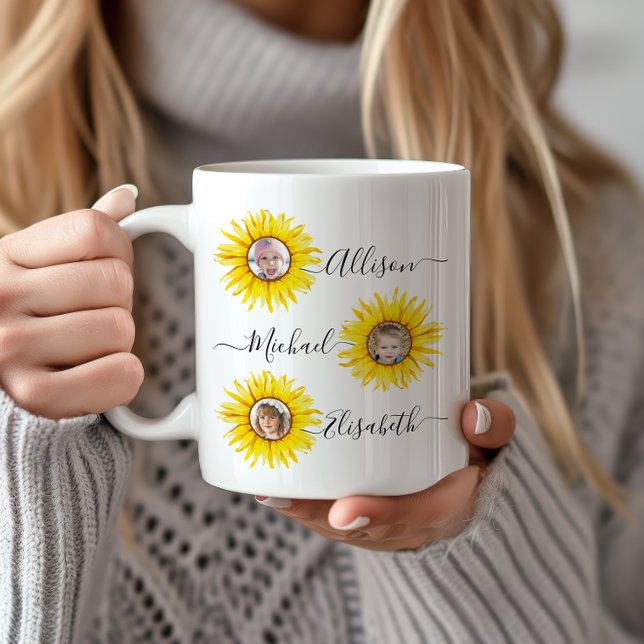 Sunflower Children | Grandchildren Photo Coffee Mug (Capture cherished moments with this personalized mug adorned with photos of your grandchildren.)