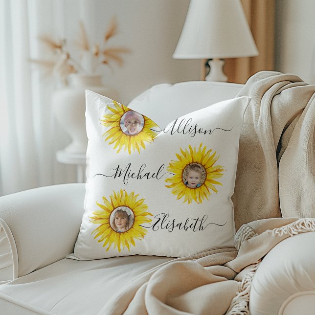 Sunflower Children | Grandchildren Photo Cushion (Add a touch of sunshine to your décor with this pillow featuring photos of your grandchildren.)