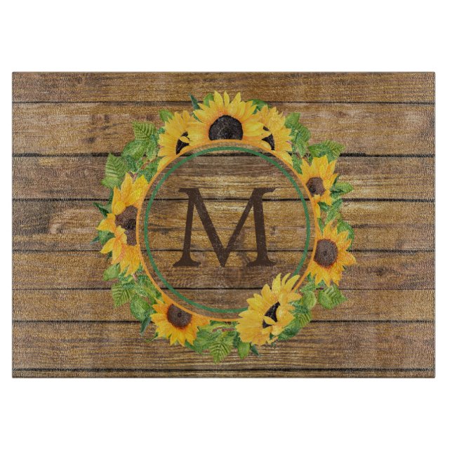 Sunflower Circle Wood Monogram Cutting Board (Front)