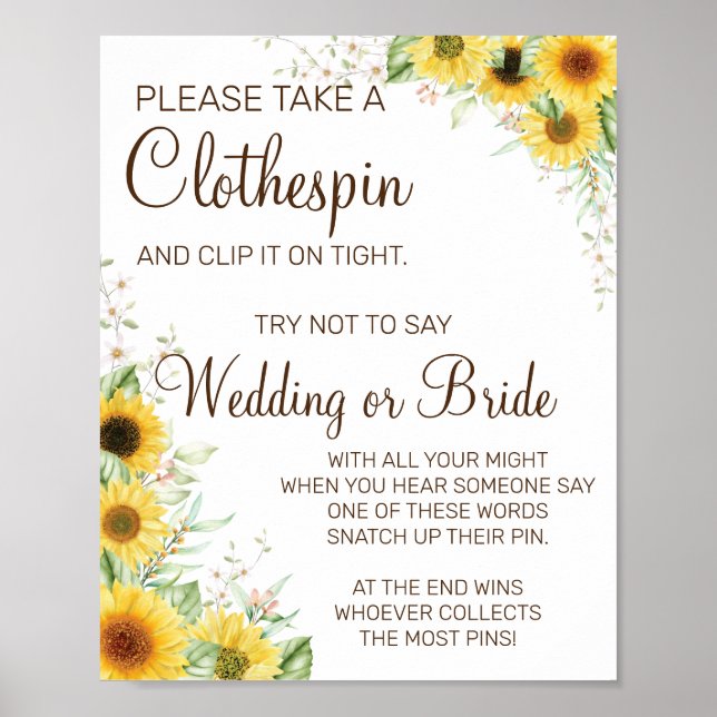 Sunflower Clothespin bridal shower game sign (Front)