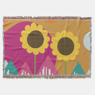 Sunflower Colourful Floral Greenery Yellow Orange Throw Blanket