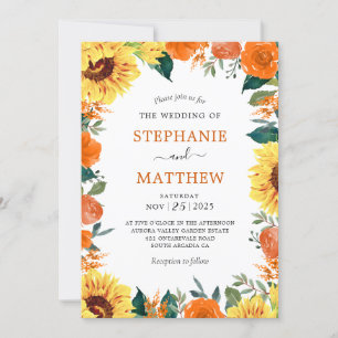 Sunflower Coral Floral Border Wedding Invitation