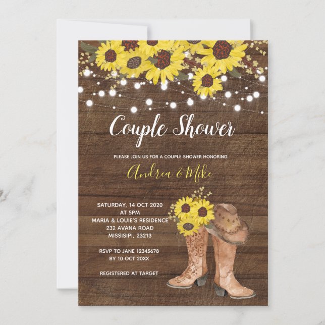 Sunflower country boots coed couple invitation (Front)