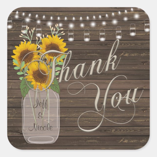 Sunflower Country Wood Mason Jar Wedding Square Sticker (Front)