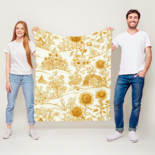 Sunflower Countryside Vintage Yellow Toile Fleece Blanket