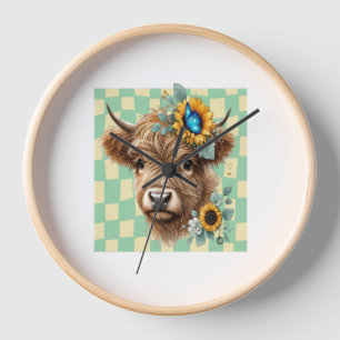 Sunflower Cow , Cute Highland Cow Clock