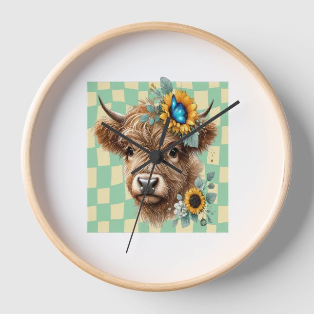 Sunflower Cow , Cute Highland Cow Clock (Front)
