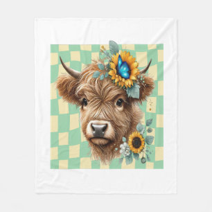 Sunflower Cow , Cute Highland Cow Fleece Blanket