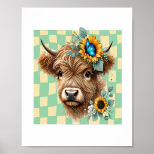 Sunflower Cow , Cute Highland Cow Poster