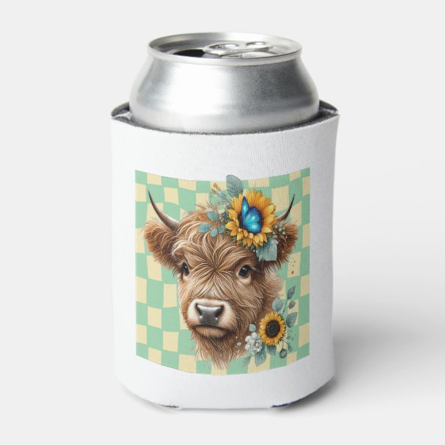 Sunflower Cow Png, Cute Highland Cow Can Cooler (Can Front)