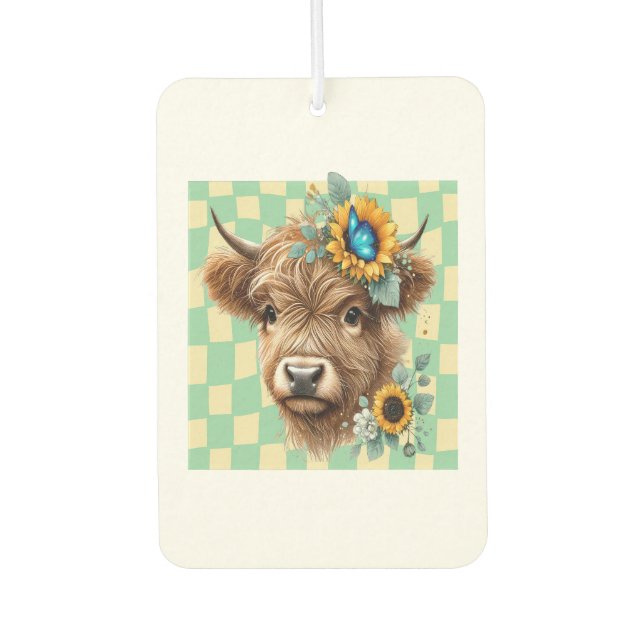 Sunflower Cow Png, Cute Highland Cow Car Air Freshener (Front)