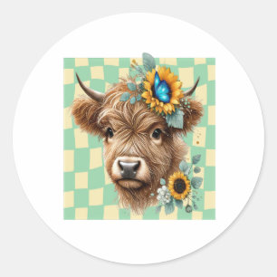 Sunflower Cow Png, Cute Highland Cow Classic Round Sticker