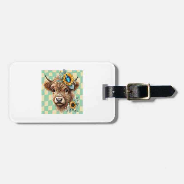 Sunflower Cow Png, Cute Highland Cow Luggage Tag (Front Horizontal)