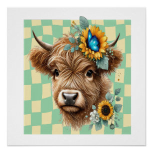 Sunflower Cow Png, Cute Highland Cow Poster