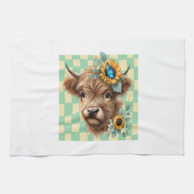 Sunflower Cow Png, Cute Highland Cow Tea Towel (Horizontal)