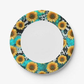 Sunflower Cow Print Western Paper Plate