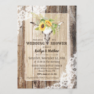 Sunflower Cow Skull Barn Wood Rustic Bridal Shower Invitation