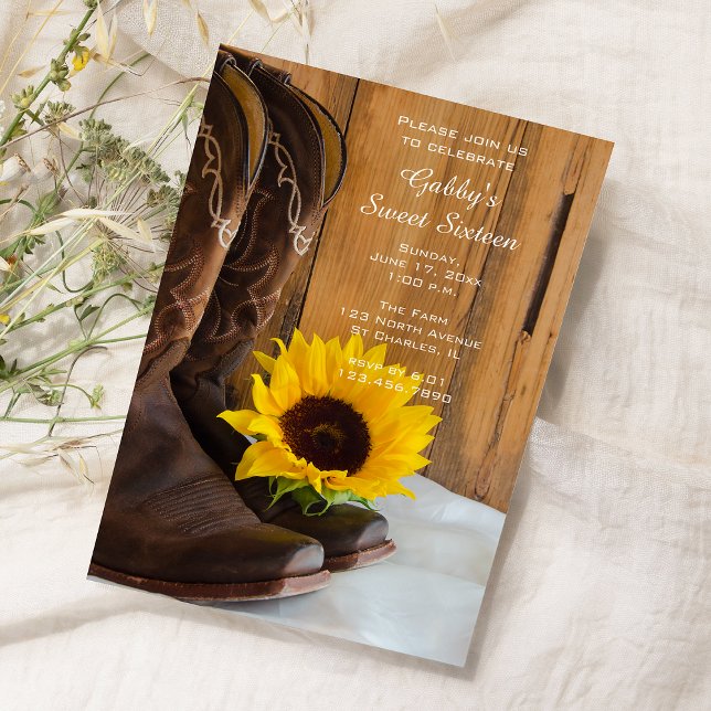Sunflower Cowboy Boot Sweet 16 Barn Birthday Party Invitation (Creator Uploaded)