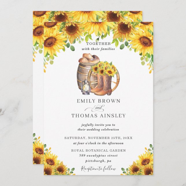 Sunflower Cowboy Boots Hat Country Wedding Invitation (Front/Back)