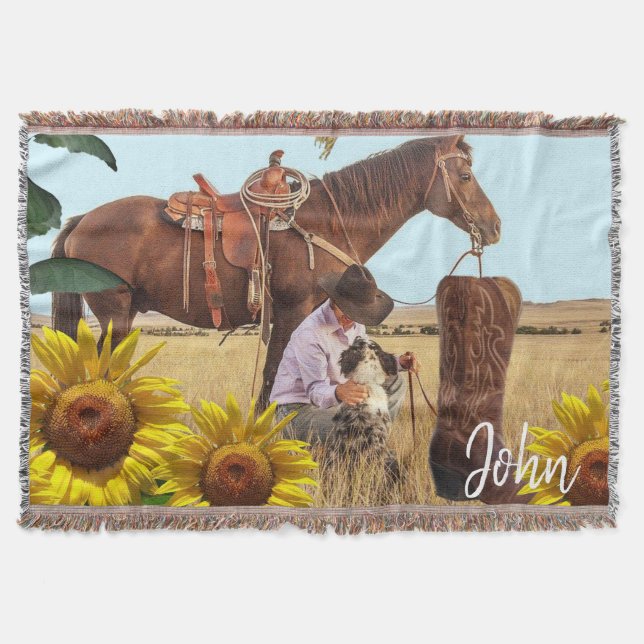 Sunflower Cowboy Horse Throw Blanket (Front)