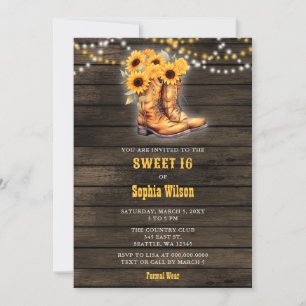 Sunflower Cowgirl Boots Barn Wood Western Sweet 16 Invitation