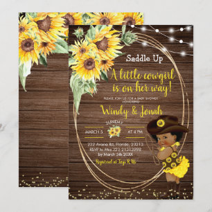 Sunflower Cowgirl rustic Afro Girl Baby Shower Inv Invitation