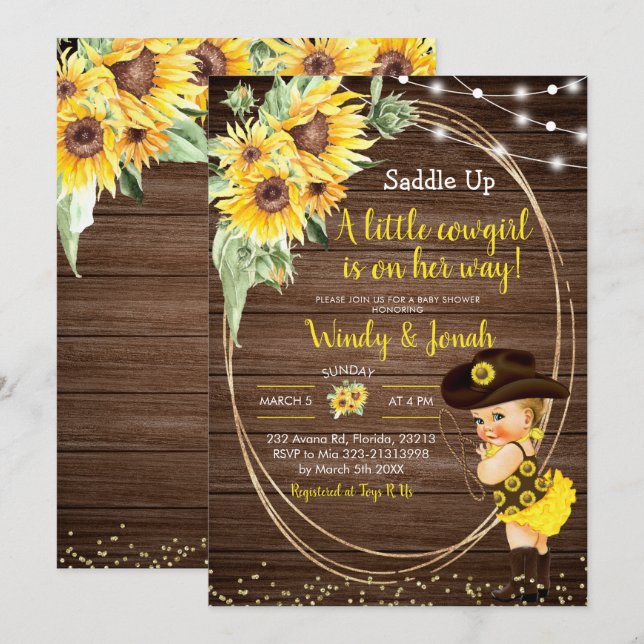 Sunflower Cowgirl rustic Baby Shower invitation (Front/Back)