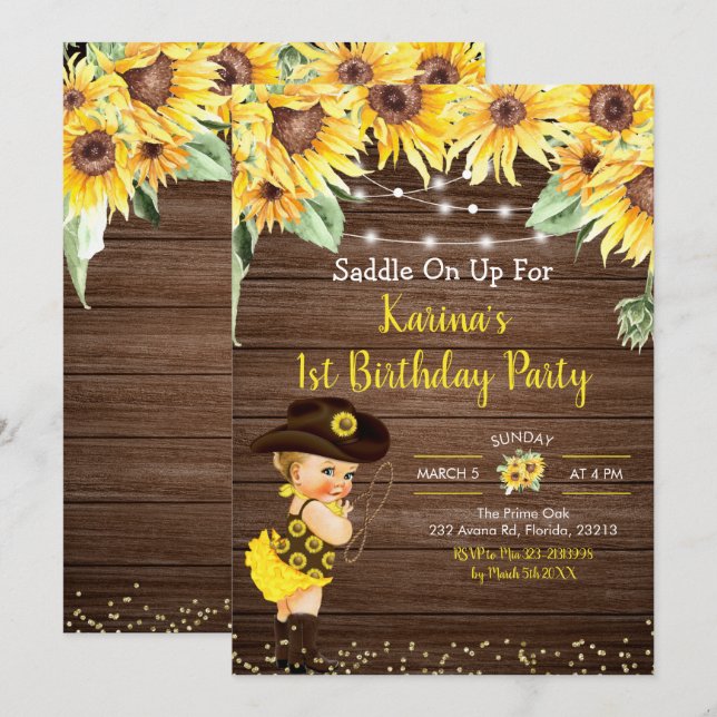Sunflower Cowgirl rustic Blonde Girl Baby Shower I Invitation (Front/Back)