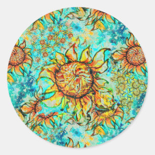 Sunflower Craze colourful summery pattern Classic Round Sticker