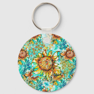 Sunflower Craze colourful summery pattern Key Ring